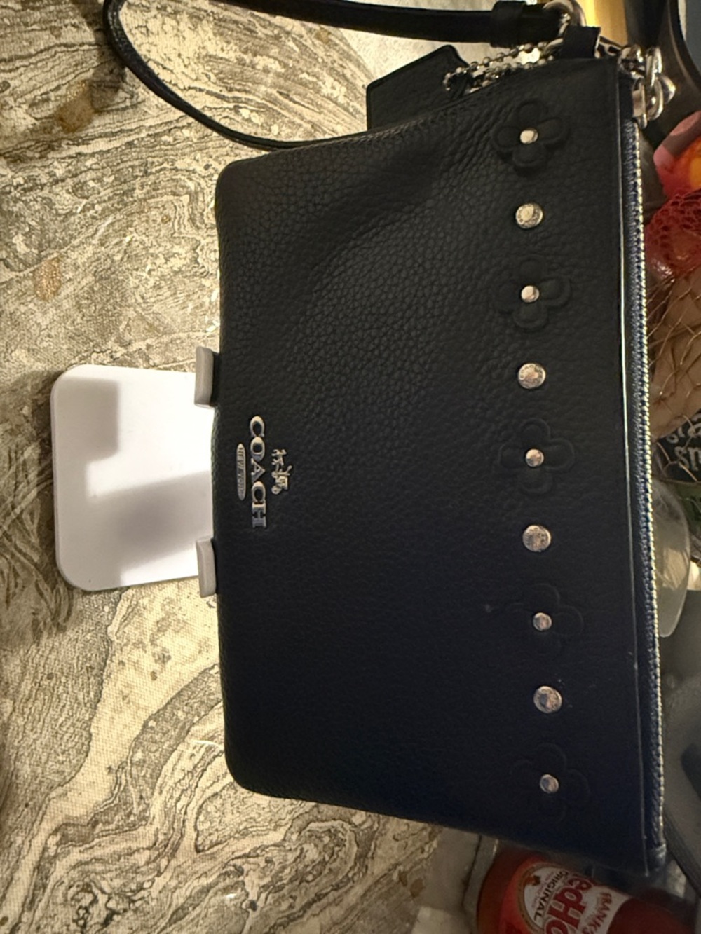 COACH Black Pebbled Leather Crossbody with Floral Stud Detail